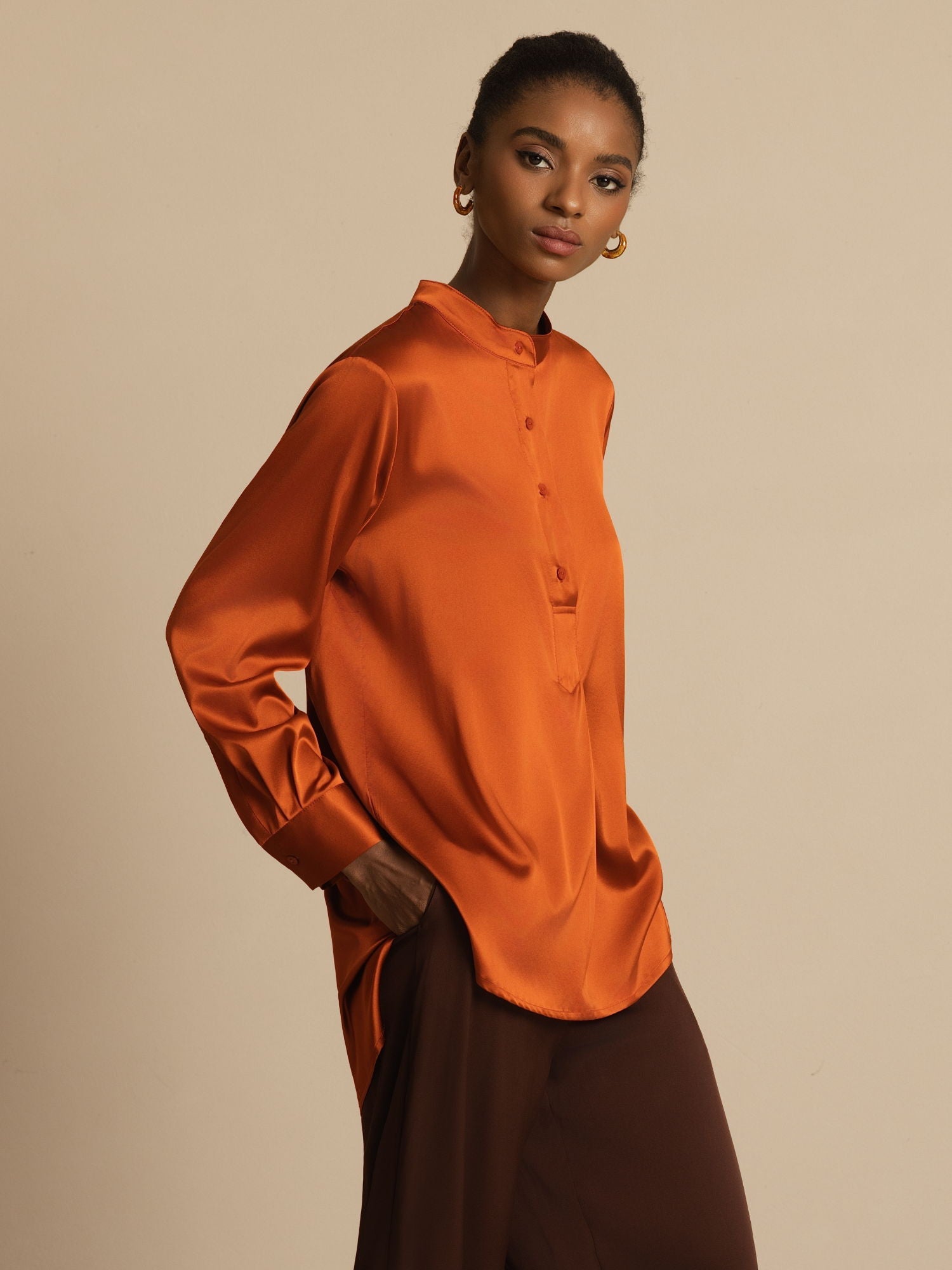 [Karamel] SilkSilky-NL 19Momme Lange Mouw Staande Kraag Blouse 003