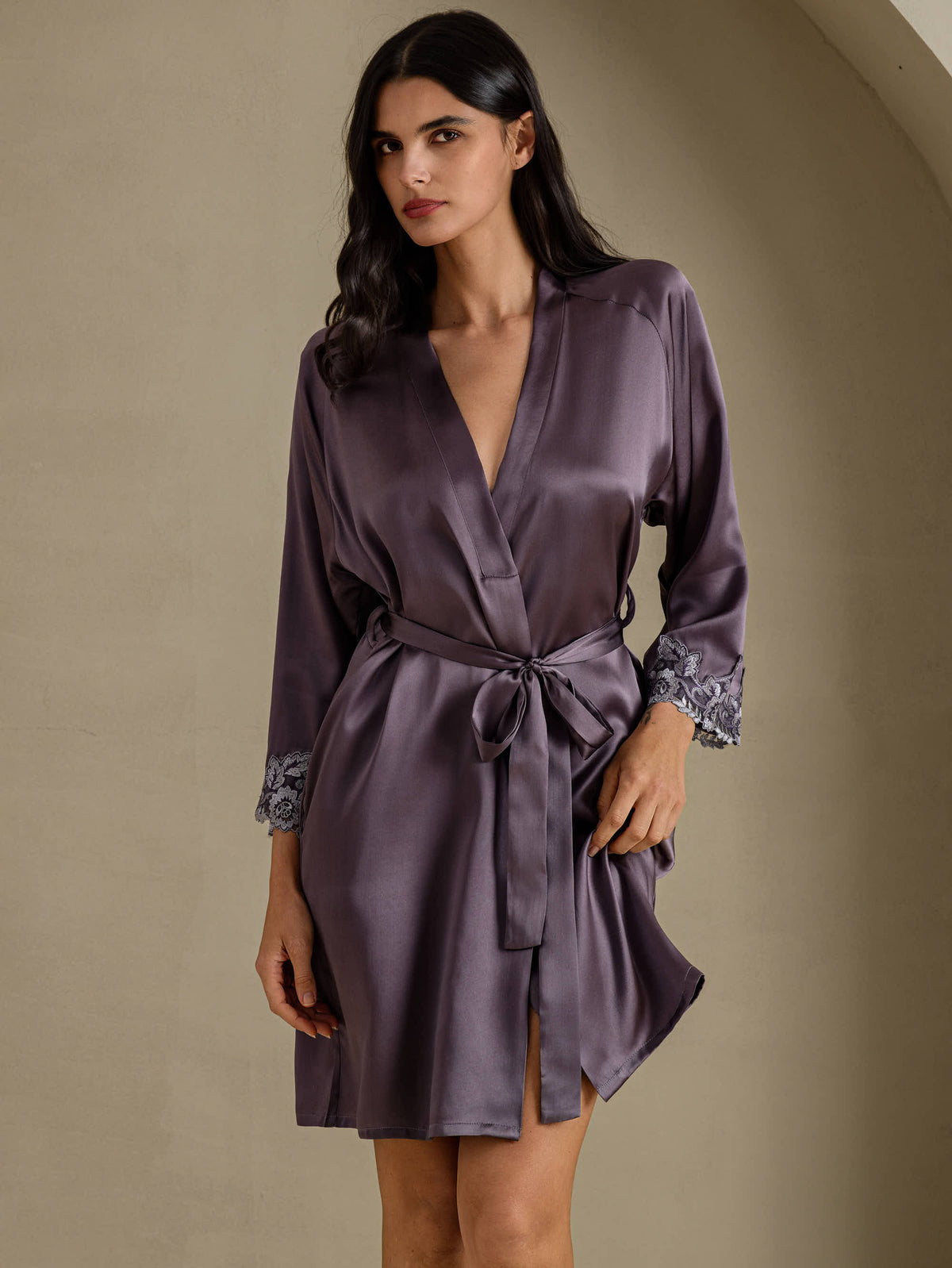 [Paars Grijs] SilkSilky-NL 3/4 Sleeve Dames Kamerjas 001