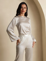 [Lichtgrijs] SilkSilky-NL Long Sleeve Boat Neck Blouse 005
