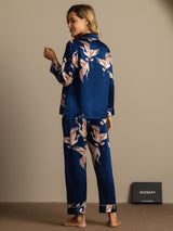 [Donkerblauw] SilkSilky-NL Long Sleeve Lapel Collar Dames Pyjama Set 008