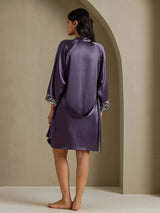 [Paars Grijs] SilkSilky-NL 3/4 Sleeve V Neck Nachthemd&Kamerjas Set 002