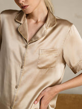 [Champagne] SilkSilky-NL Short Sleeve Lapel Collar Dames Pyjama Set 008