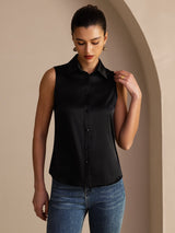 [Zwart] SilkSilky-NL Sleeveless Lapel Collar Dames Blouse 005