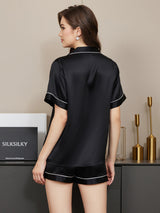 [Zwart] SilkSilky-NL Short Sleeve Lapel Collar Dames Pyjama Set 002