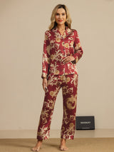 [Wijnrode Draak] SilkSilky-NL Lange Mouw Notchkraag Dames Pyjama Set 001
