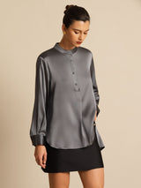 [Donkergrijs] SilkSilky-NL 19Momme Lange Mouw Staande Kraag Blouse 005