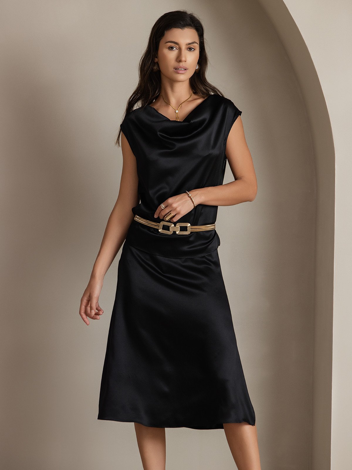 [Zwart] SilkSilky-NL 19Momme Zijde Mouwloos Womens T-Shirt 003