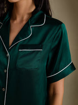 [Donkergroen] SilkSilky-NL Short Sleeve Lapel Collar Dames Pyjama Set 004