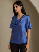 [Echt Petrol] SilkSilky-NL Short Sleeve Cowl Neck Blouse 003