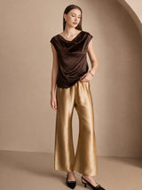 [Pure Chocolade] SilkSilky-NL Cap Sleeve Cowl Neck Dames T-Shirt 005