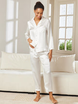 [Wit] SilkSilky-NL Long Sleeve Lapel Collar Dames Pyjama Set 002