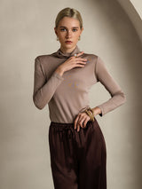 [Khaki] SilkSilky-NL Lange Mouw Coltrui Hals Dames T-Shirt 005