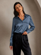 [Echt Petrol] SilkSilky-NL Long Sleeve Lapel Collar Dames Blouse 003