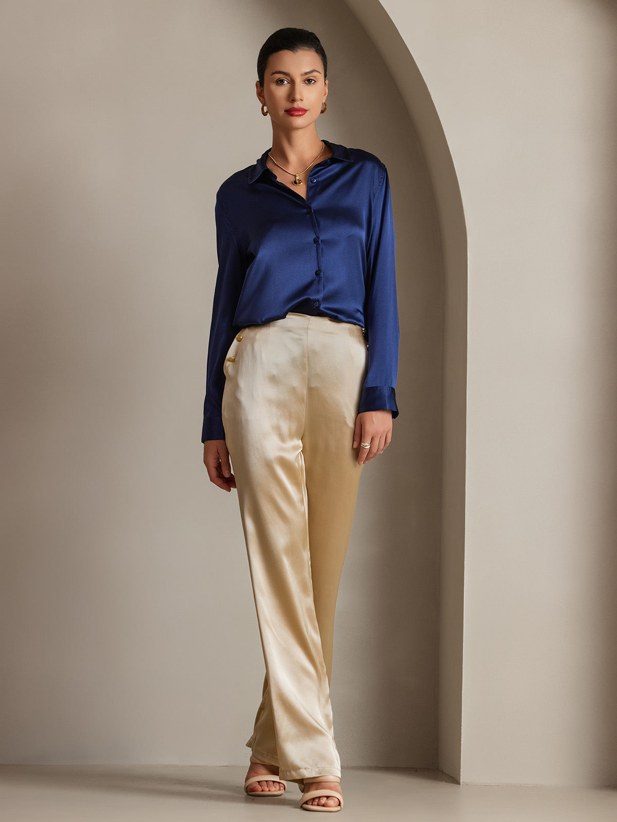 [Donkerblauw] SilkSilky-NL 19Momme Lange Mouw Reverskraag Dames Blouse 003