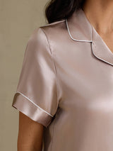 [Schaduwgrijs] SilkSilky-NL Short Sleeve Lapel Collar Dames Pyjama Set 005