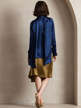 [Donkerblauw] SilkSilky-NL Long Sleeve Tie Neck Blouse 002