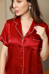 [Wijn] SilkSilky-NL Korte Mouw Notchkraag Dames Pyjama Set 008