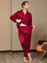 [Wijn] SilkSilky-NL Pure Silk Lange Mouw Revers Heren Pyjama Set 008