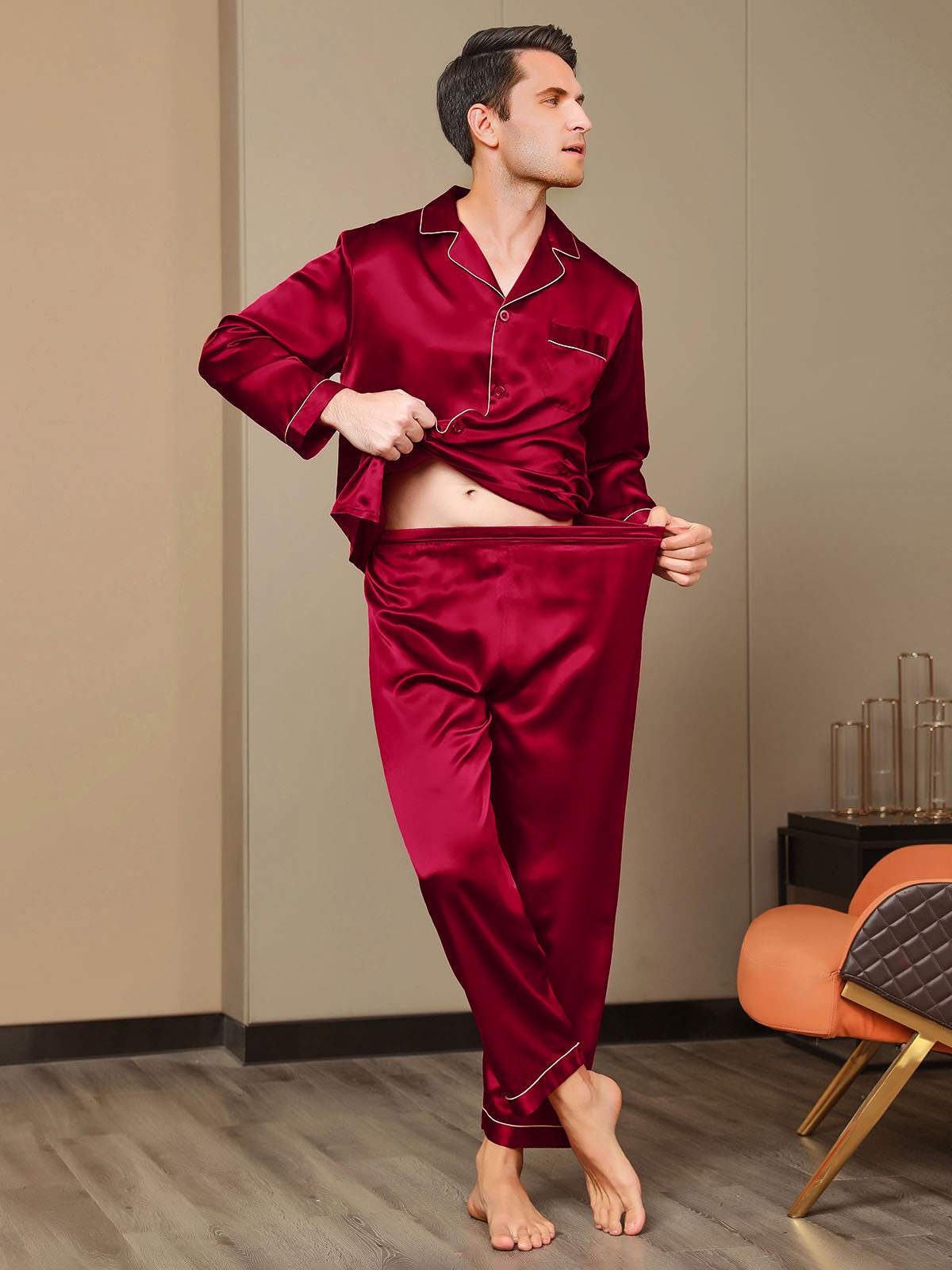 SilkSilky-NL Lange Mouw Revers Heren Pyjama Set Wijn 007