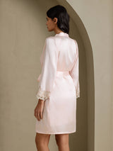 [Roze] SilkSilky-NL 3/4 Sleeve V Neck Nachthemd&Kamerjas Set 002