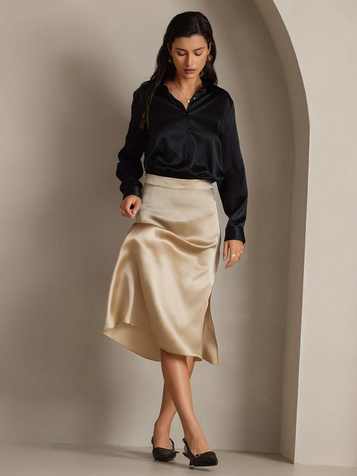 [Zwart] SilkSilky-NL 19Momme Lange Mouw Reverskraag Dames Blouse 005