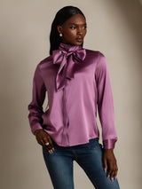 [Donkerpaars] SilkSilky-NL Long Sleeve Tie Neck Blouse 006