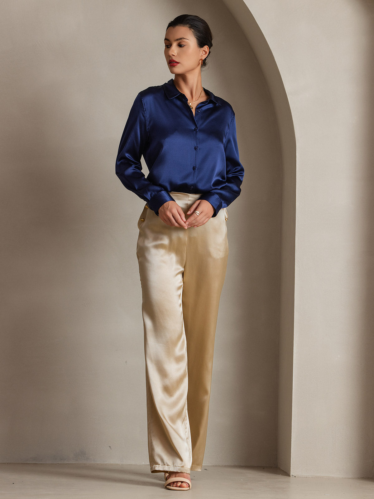 [Donkerblauw] SilkSilky-NL 19Momme Lange Mouw Reverskraag Dames Blouse 006