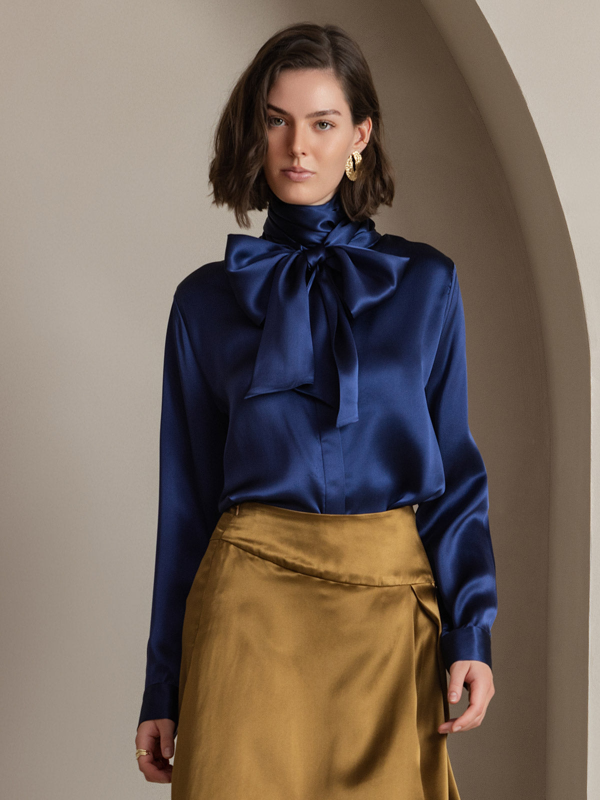 [Donkerblauw] SilkSilky-NL 19Momme Lange Mouw Blouse 001