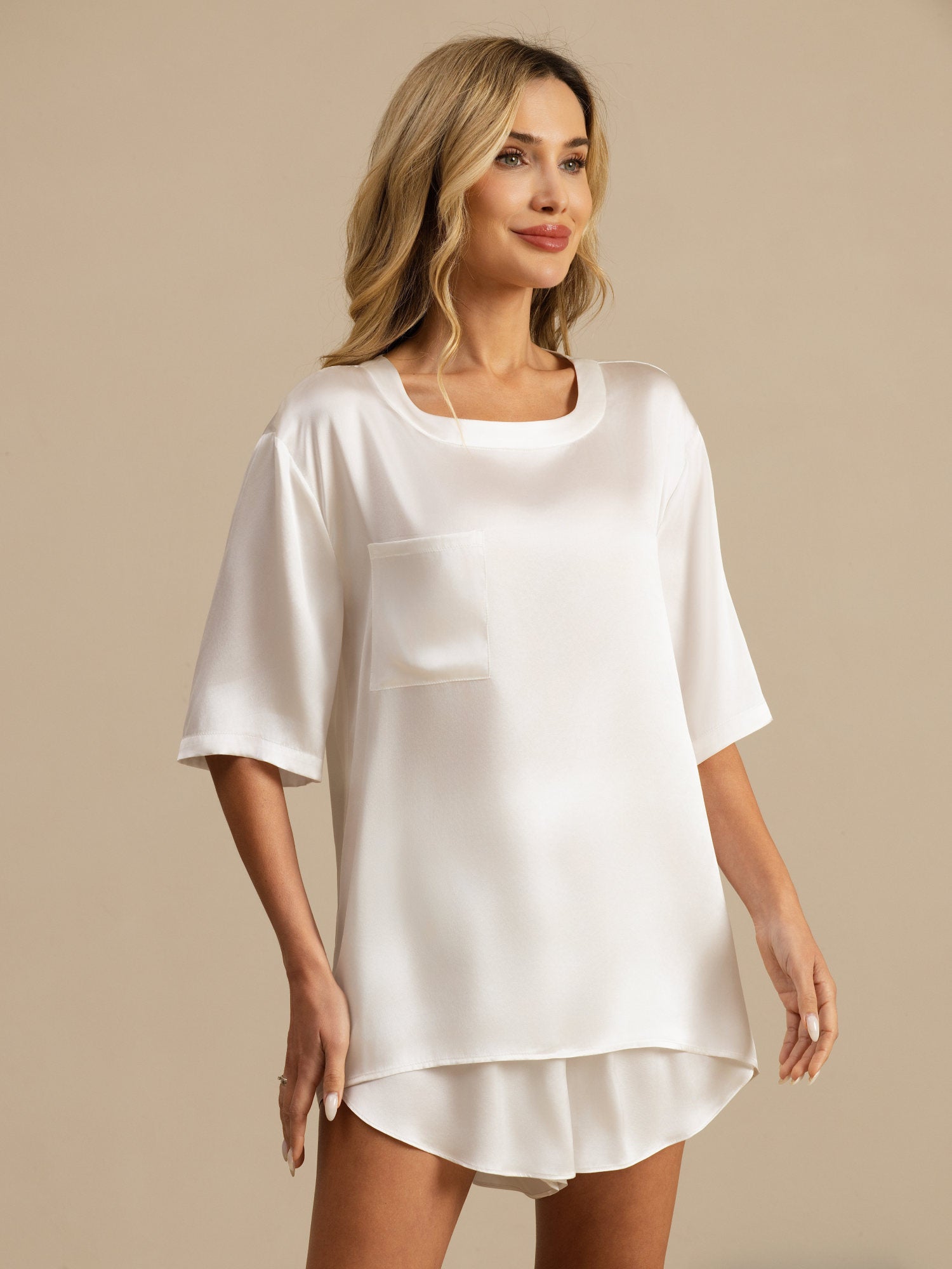 [Wit] SilkSilky-NL Korte Mouw Ronde Hals Dames Pyjama Set 004