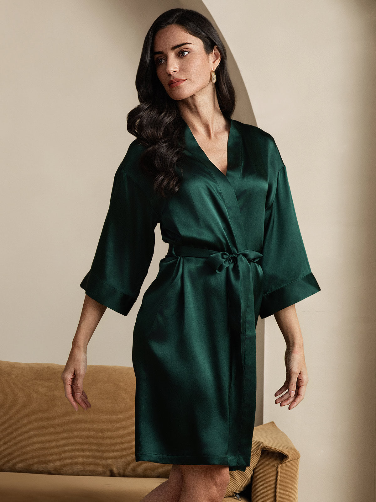 [Donkergroen] SilkSilky-NL Pure Silk Halve Mouw Womens Robe 001