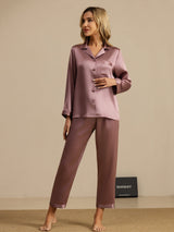 [Bleek Mauve] SilkSilky-NL Long Sleeve Lapel Collar Dames Pyjama Set 007
