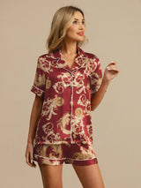 [Wijnrode Draak] SilkSilky-NL Korte Mouw Notchkraag Dames Pyjama Set 001