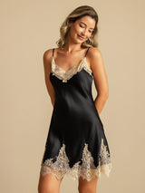 [Zwart+Beige] SilkSilky-NL Spaghetti Strap V Neck Nachthemd 007