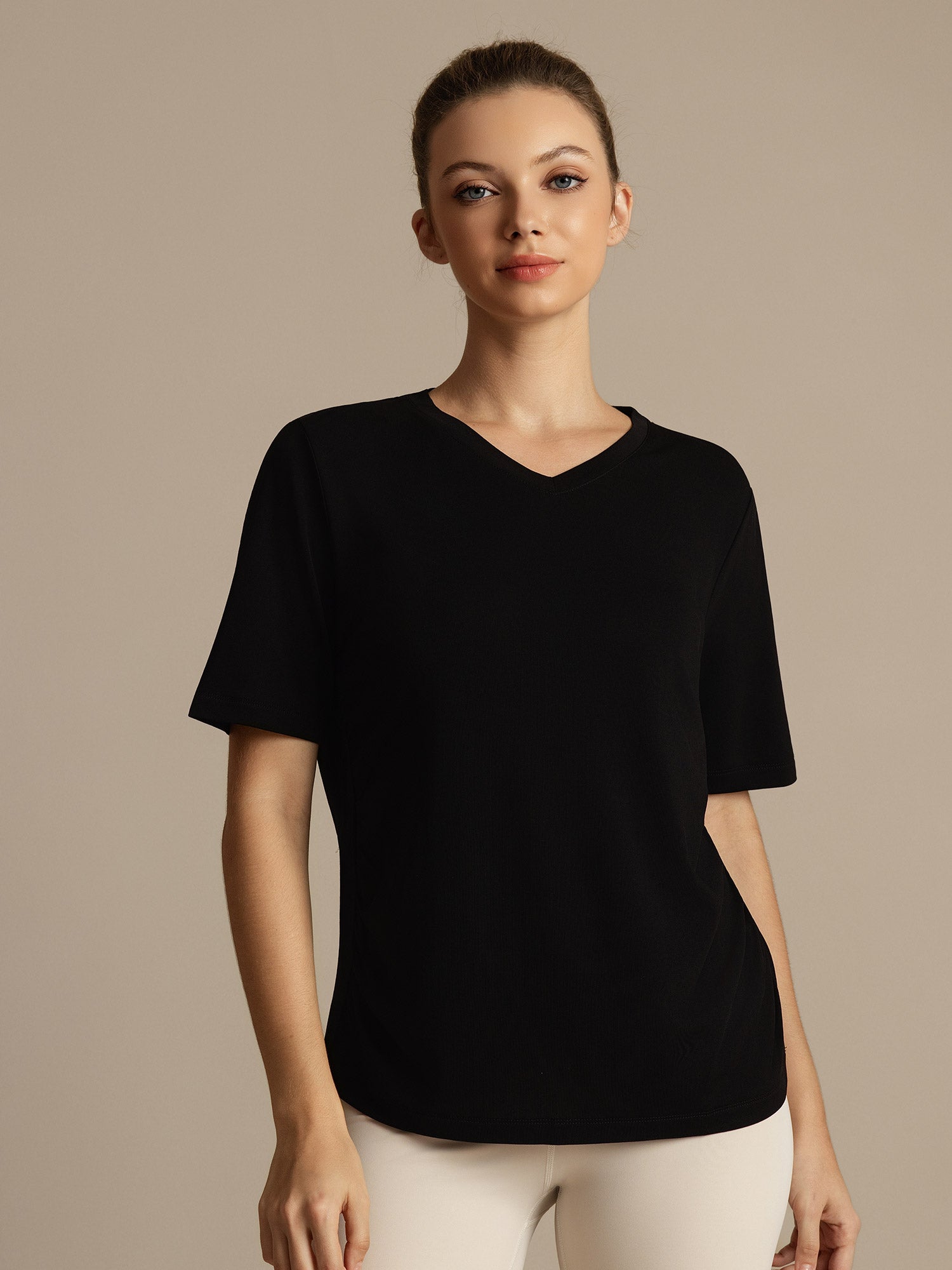 [Zwart] SilkSilky-NL Korte Mouw V Hals Dames T-Shirt 001