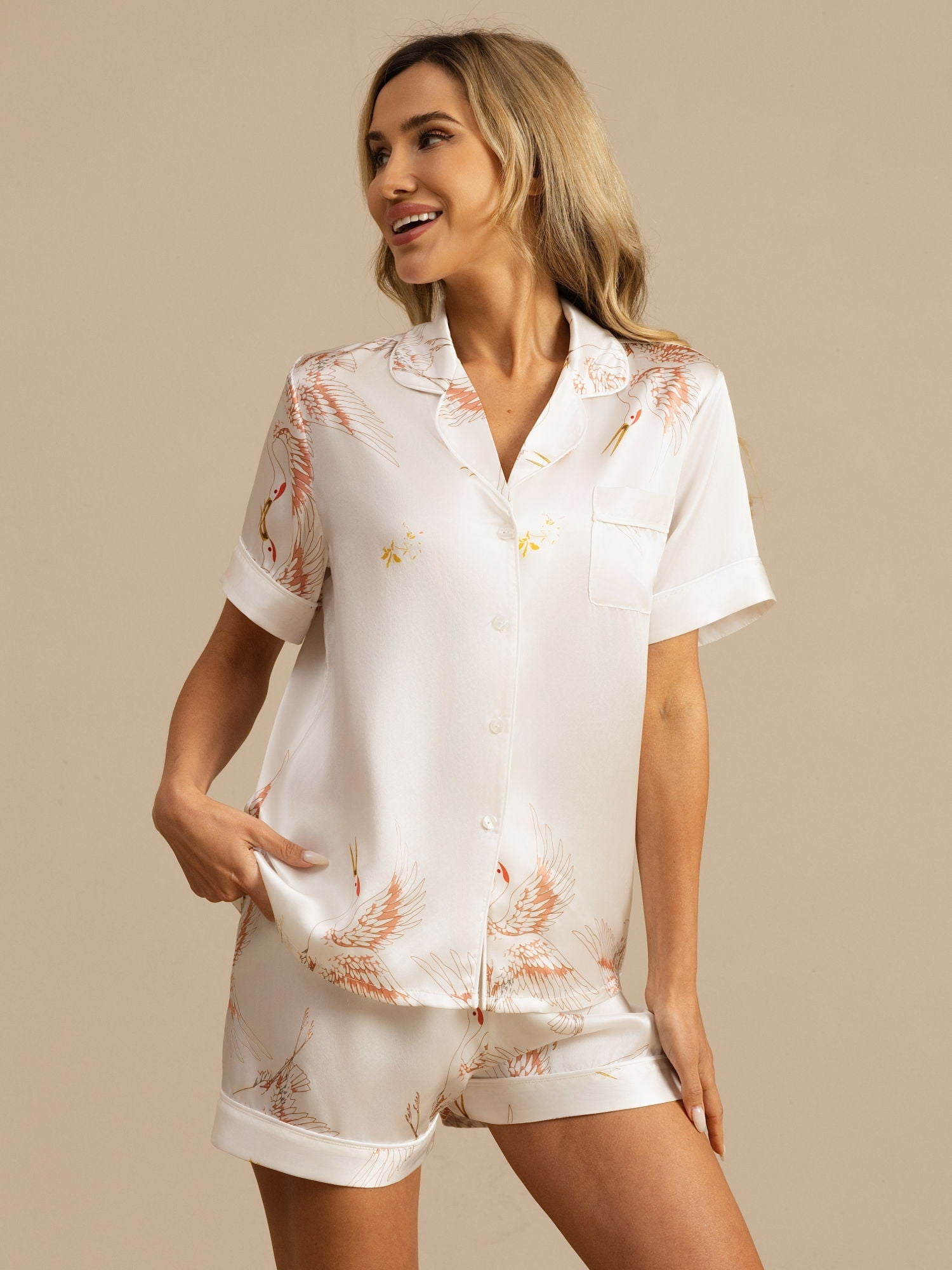 [Wit] SilkSilky-NL 19Momme Korte Mouw Notchkraag Dames Pyjama Set 004
