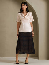 [Beige] SilkSilky-NL Short Sleeve Cowl Neck Blouse 005