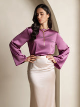[Donkerpaars] SilkSilky-NL Long Sleeve Boat Neck Blouse 004