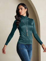 [Donkergroen] SilkSilky-NL Lange Mouw Coltrui Hals Dames T-Shirt 003