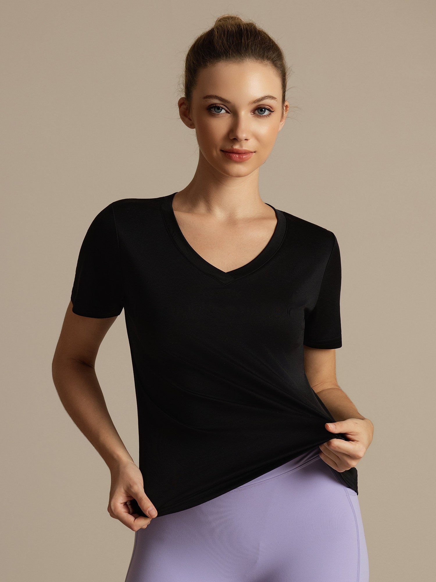 [Zwart] SilkSilky-NL Korte Mouw V Hals Dames T-Shirt 001