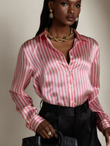 [Roze Streep] SilkSilky-NL Long Sleeve Lapel Collar Dames Blouse 001
