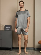 [Donkergrijs] SilkSilky-NL Pure Silk Korte Mouw Ronde Hals Heren Pyjama Set 005