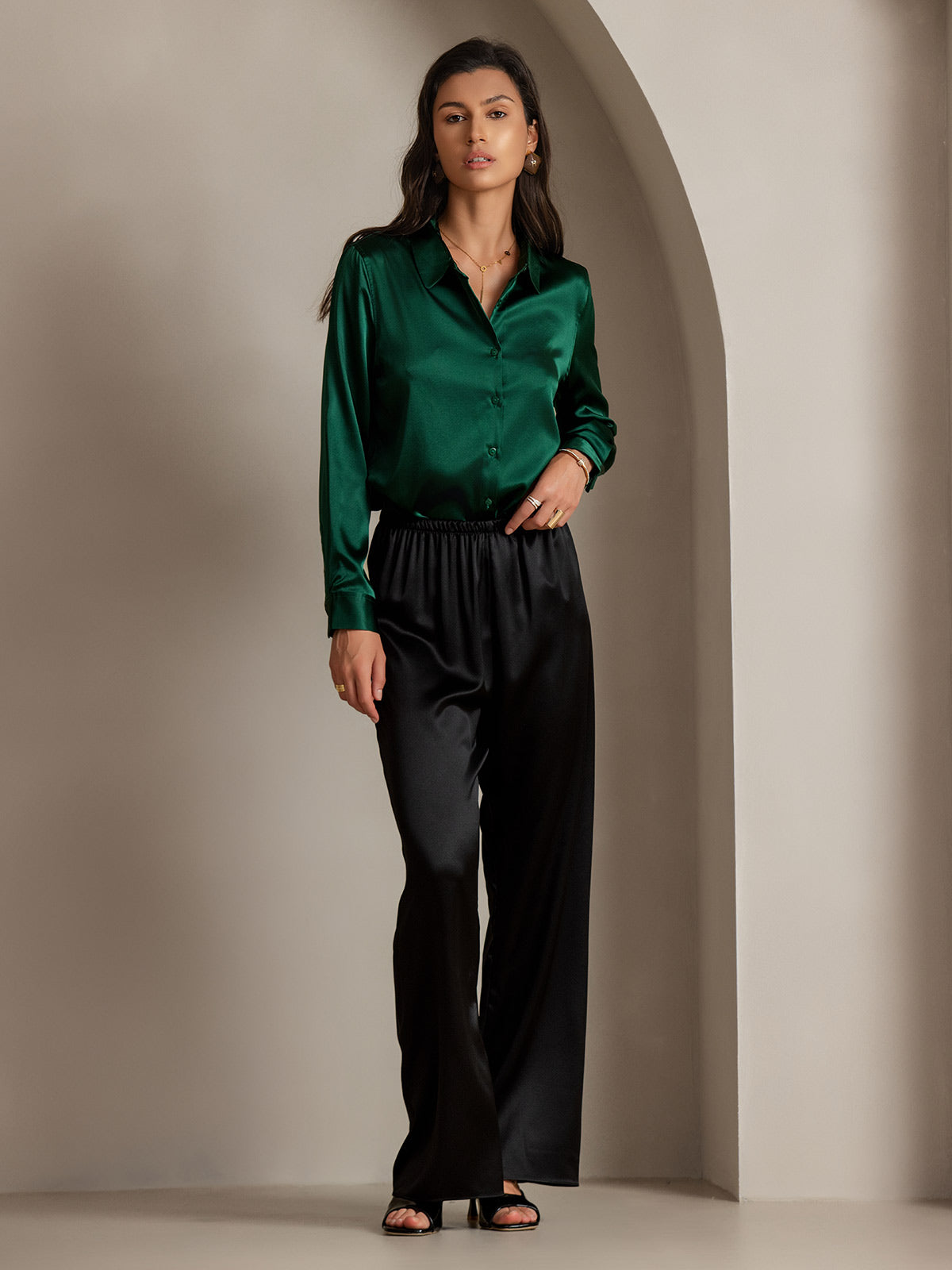 [Donkergroen] SilkSilky-NL Zijde Lange Mouw Kraag Dames Blouse 008