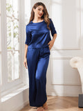 SilkSilky NL Pure Silk Halve Mouw Ronde Hals Dames Pyjama Set Donkerblauw 006