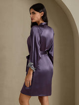 [Paars Grijs] SilkSilky-NL 3/4 Sleeve V Neck Nachthemd&Kamerjas Set 006