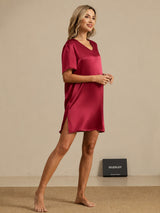 [Donkerrood] SilkSilky-NL Half Sleeve V Neck Nachthemd 006