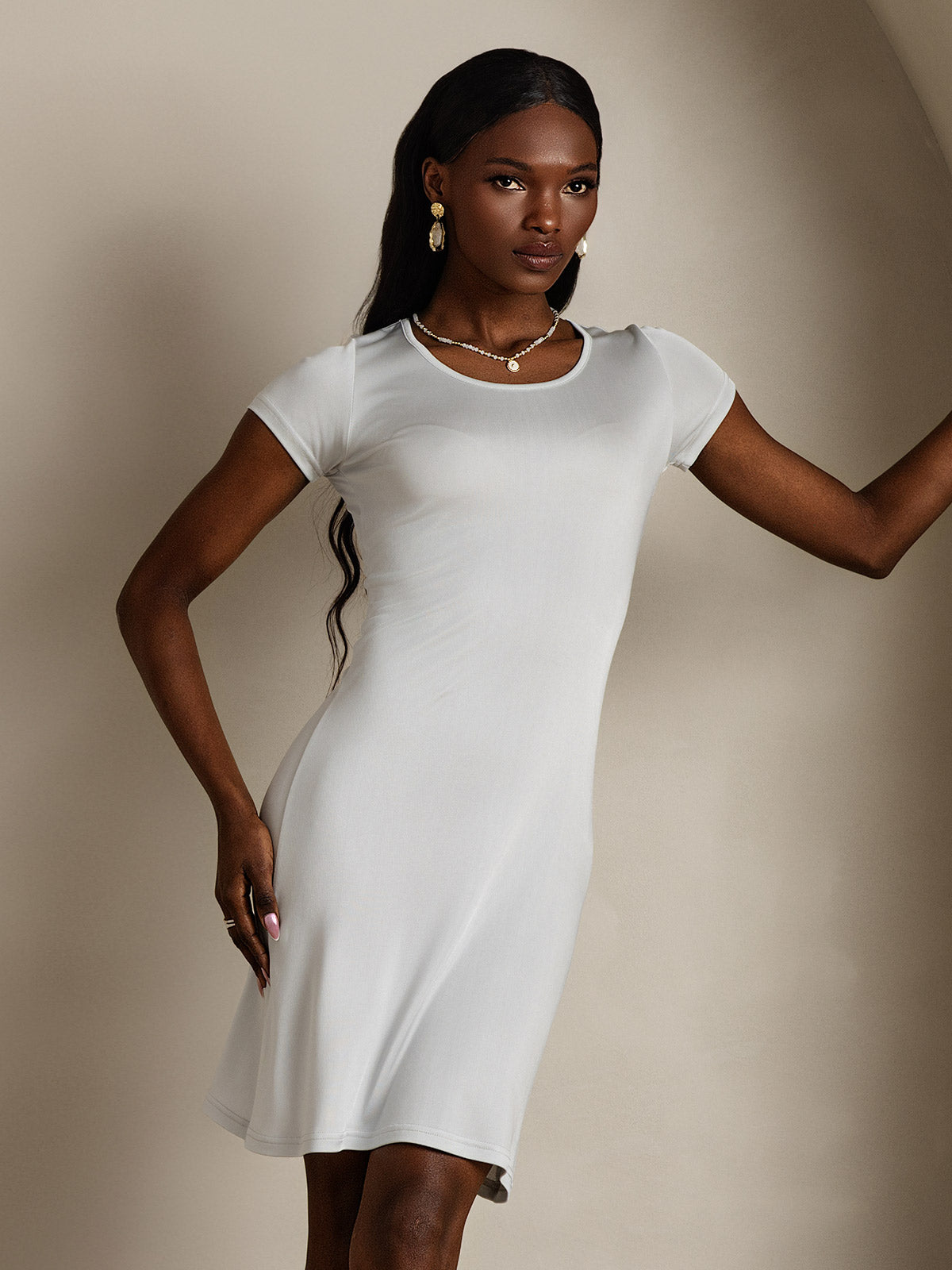 [Wit] SilkSilky-NL Zijde Gebreid Ronde Hals Dames Loungewear 001,