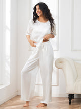 [Wit] SilkSilky-NL Halve Mouw Ronde Hals Dames Pyjama Set 006