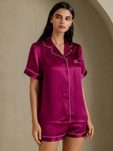 [Fuchsiaroze] SilkSilky-NL Short Sleeve Lapel Collar Dames Pyjama Set 001
