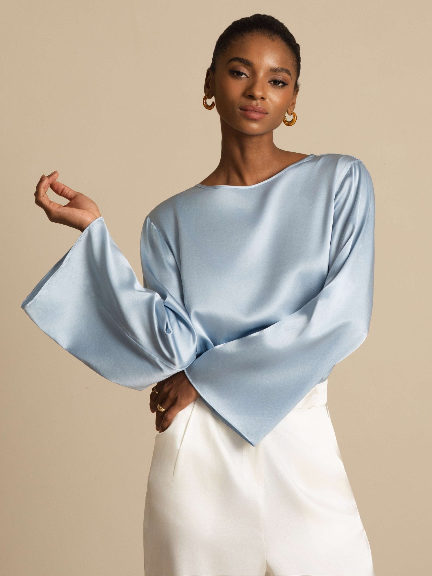 [Grijsachtig Blauw] SilkSilky-NL 19Momme Lange Mouw Boat Hals Blouse 004