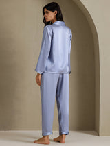 [Staal Blauw] SilkSilky-NL Long Sleeve Lapel Collar Dames Pyjama Set 002